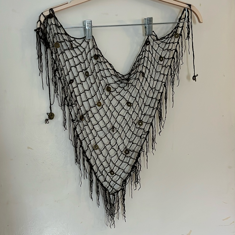 Triangle “belt” made of soft dark brown cordage and metal discs
